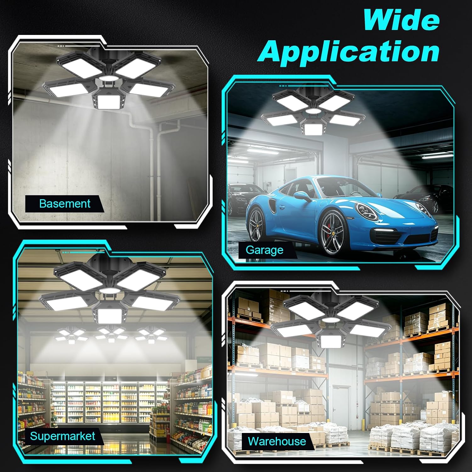 Detalle de LUYATA QG-04QS-PHLC LED Garage Light, 2-Pack, 180W, Adjustable Panels