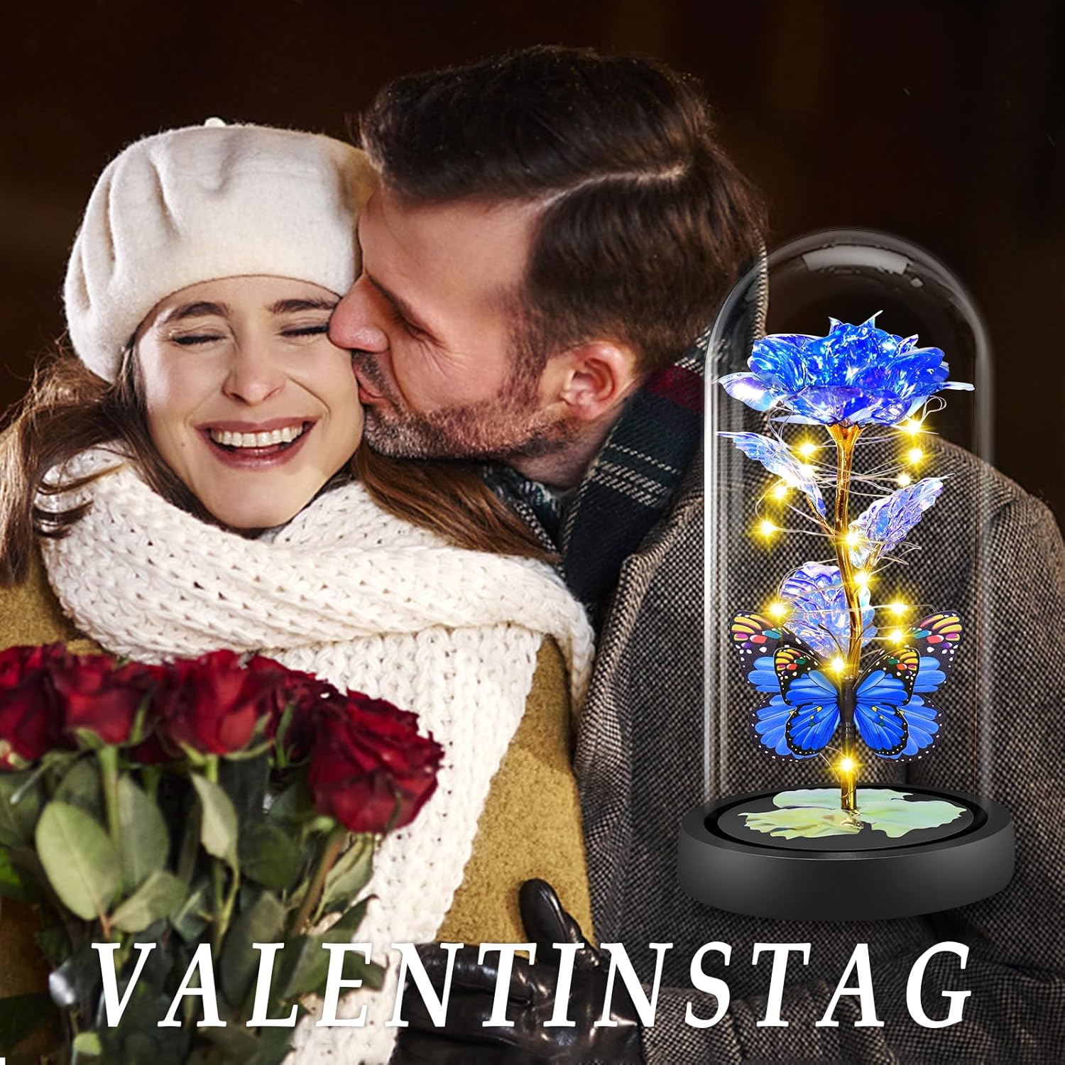 Thumbnail 3 de LED-Glasrose „Ewige Rose“ mit Schmetterling-Deko – Geschenk für Frauen (klassische blaue Rose)