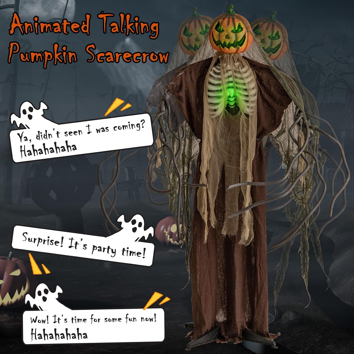 Detalle 2 de Tangkula AM14282HM 6-Foot Halloween Animatronic Pumpkin Scarecrow with Sound and Lights