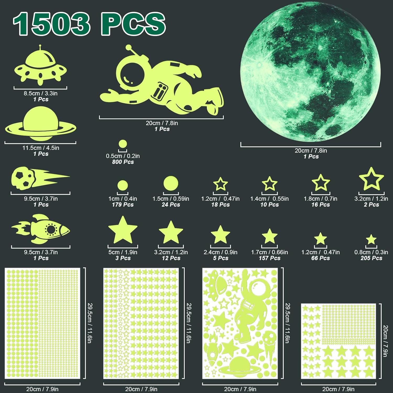 Thumbnail 6 de ECHOCUBE 1503pc Glow in the Dark Star Stickers – luminous wall and ceiling stars for a kids’ bedroom (green)