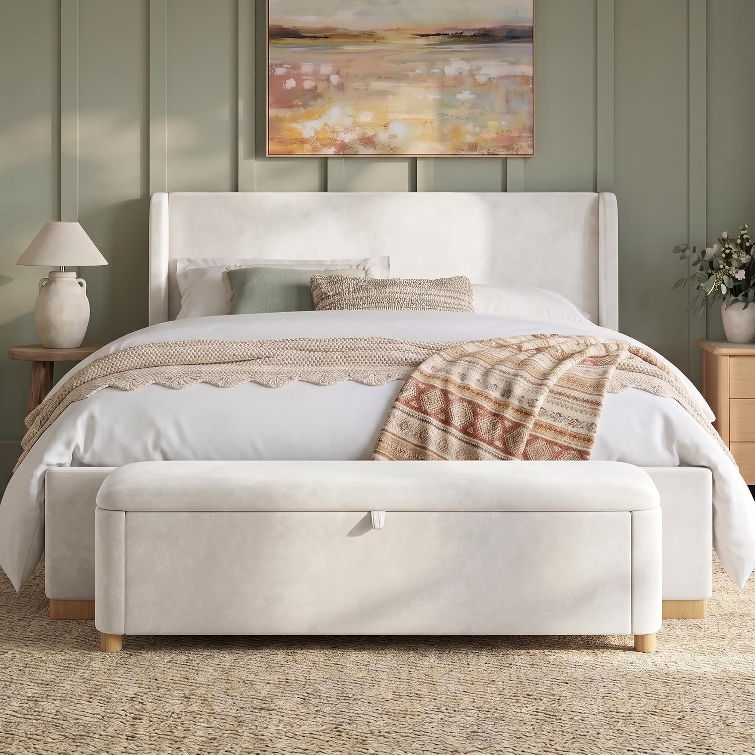 Merax 2-Piece King Upholstered Platform Bed Set with Storage Bench, Cream Velvet