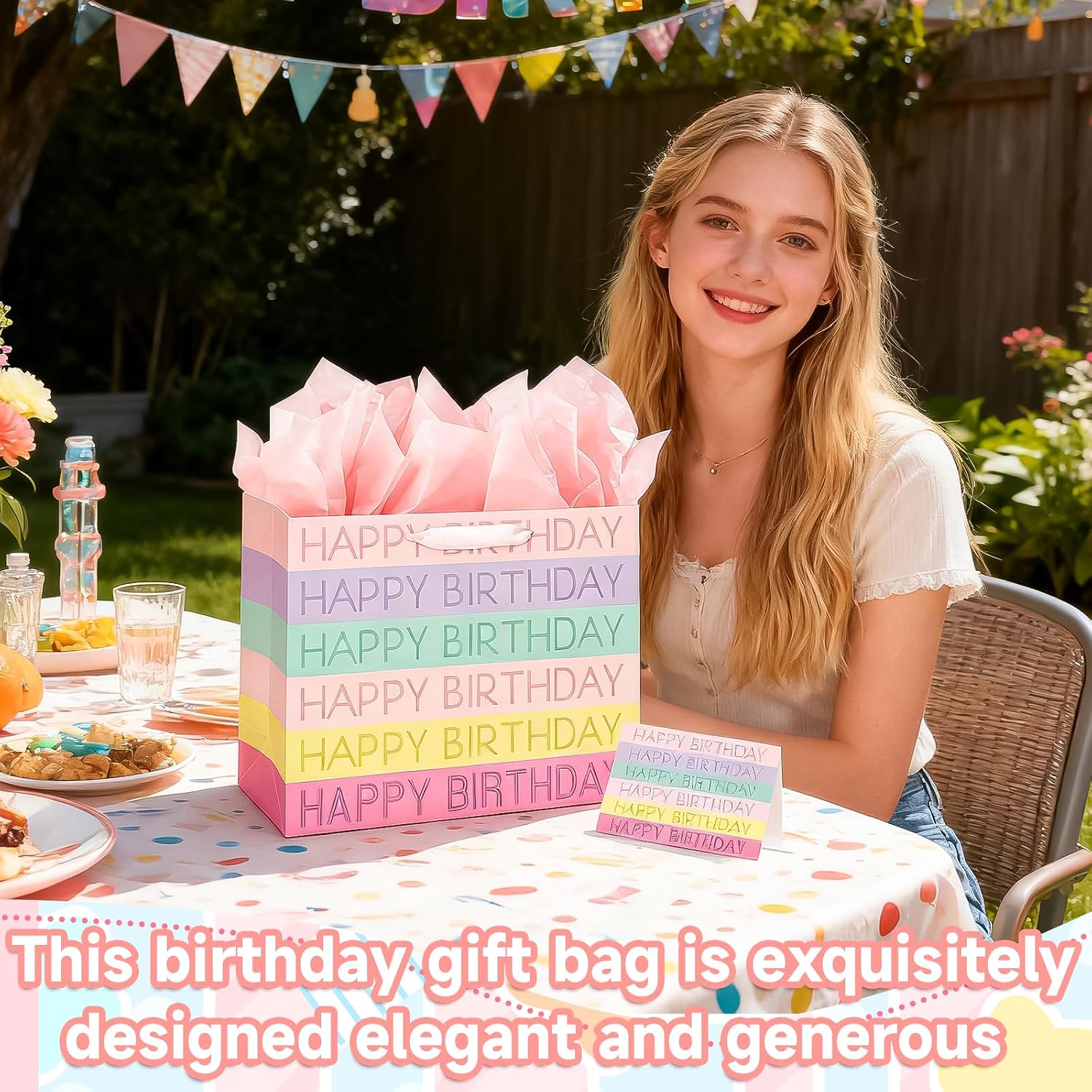 Thumbnail 1 de 2pc Happy Birthday gift bags (pink) with tissue paper and greeting cards