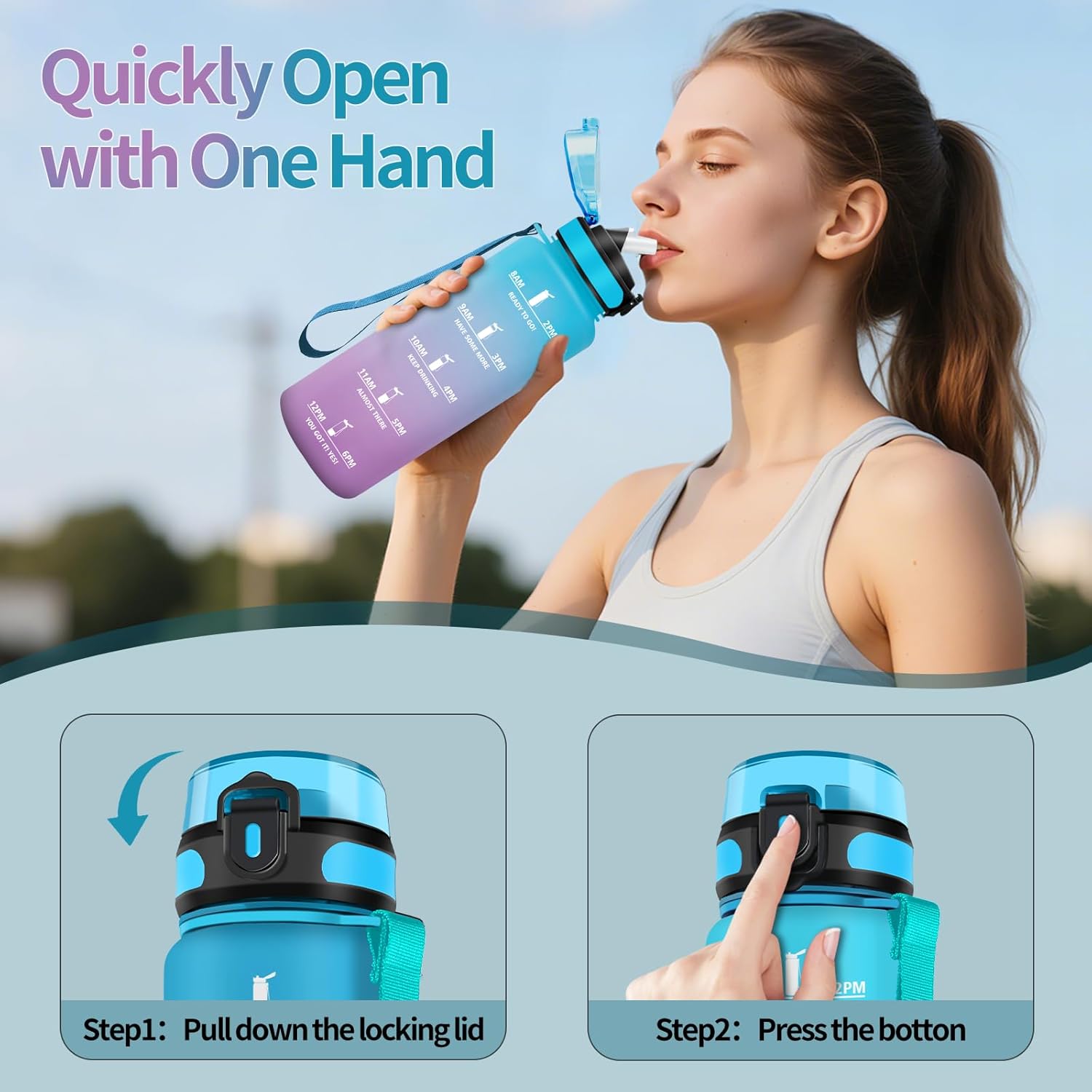 Thumbnail 2 de Motswedi Gourde à paille 1500 ml sans BPA (bleu ciel & violet pâle) – étanche, ouverture une main