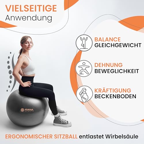 Detalle 2 de KIANA SPORTS Gymnastikball & Sitzball – Yoga Ball für Fitness & Büro