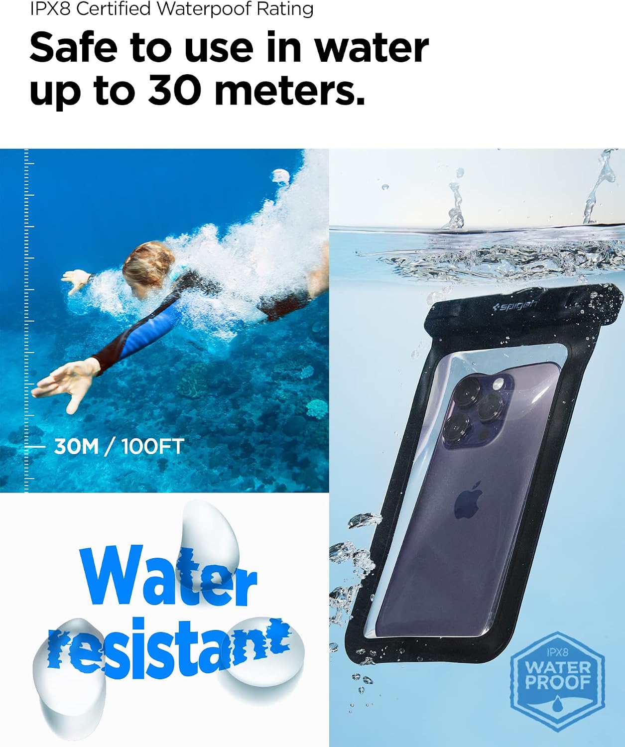 Detalle de Spigen Aqua Shield A601 custodia impermeabile IPX8 per smartphone fino a 7,0" (2 pezzi) con tracolla, finestra trasparente e cover a sacchetto marino