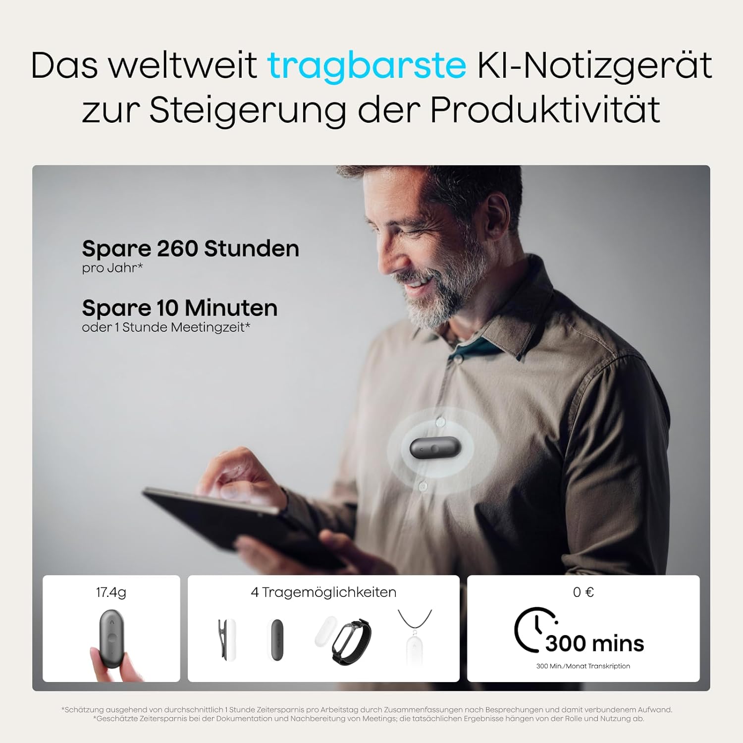 Detalle de Plaud NotePin S Diktiergerät mit taktiler Aufnahmetaste – KI-Transkription, Multimodale Eingabe und Vier Tragesteckformen
