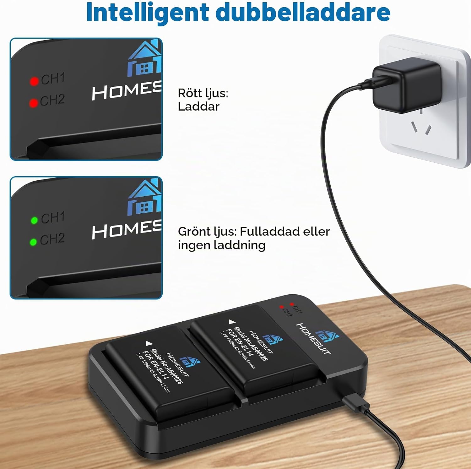 Detalle 1 de Homesuit EN-EL14/EN-EL14a batterisats med USB-dubbelladdare, 2-pack