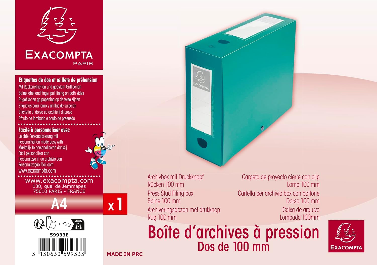 Detalle de Exacompta 59933E – 10 boîtes d'archives à pression en PP opaque, dos 100 mm, format A4, vert