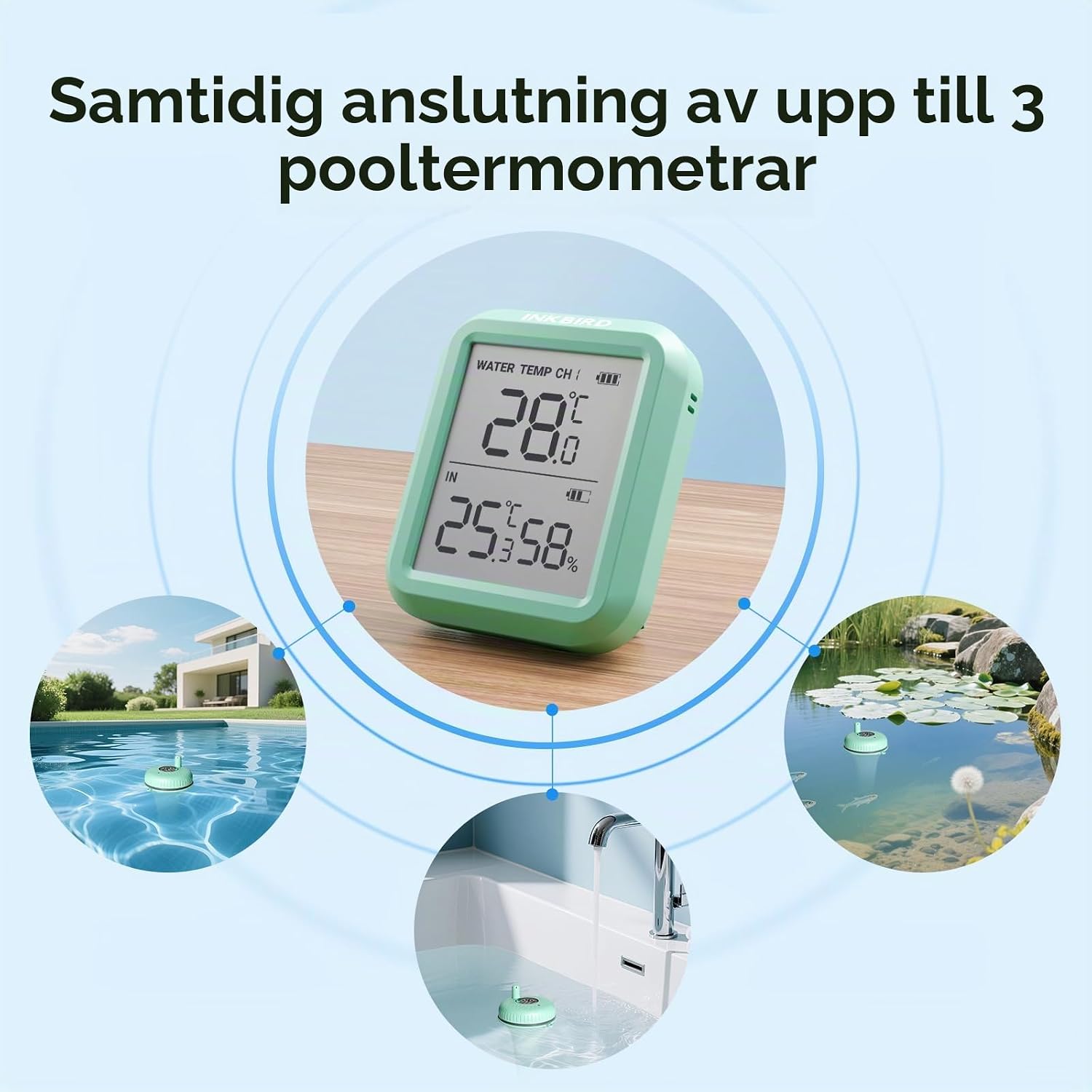 Detalle de Inkbird IBS-P01R trådlös pooltermometer med inomhusdisplay och max/min