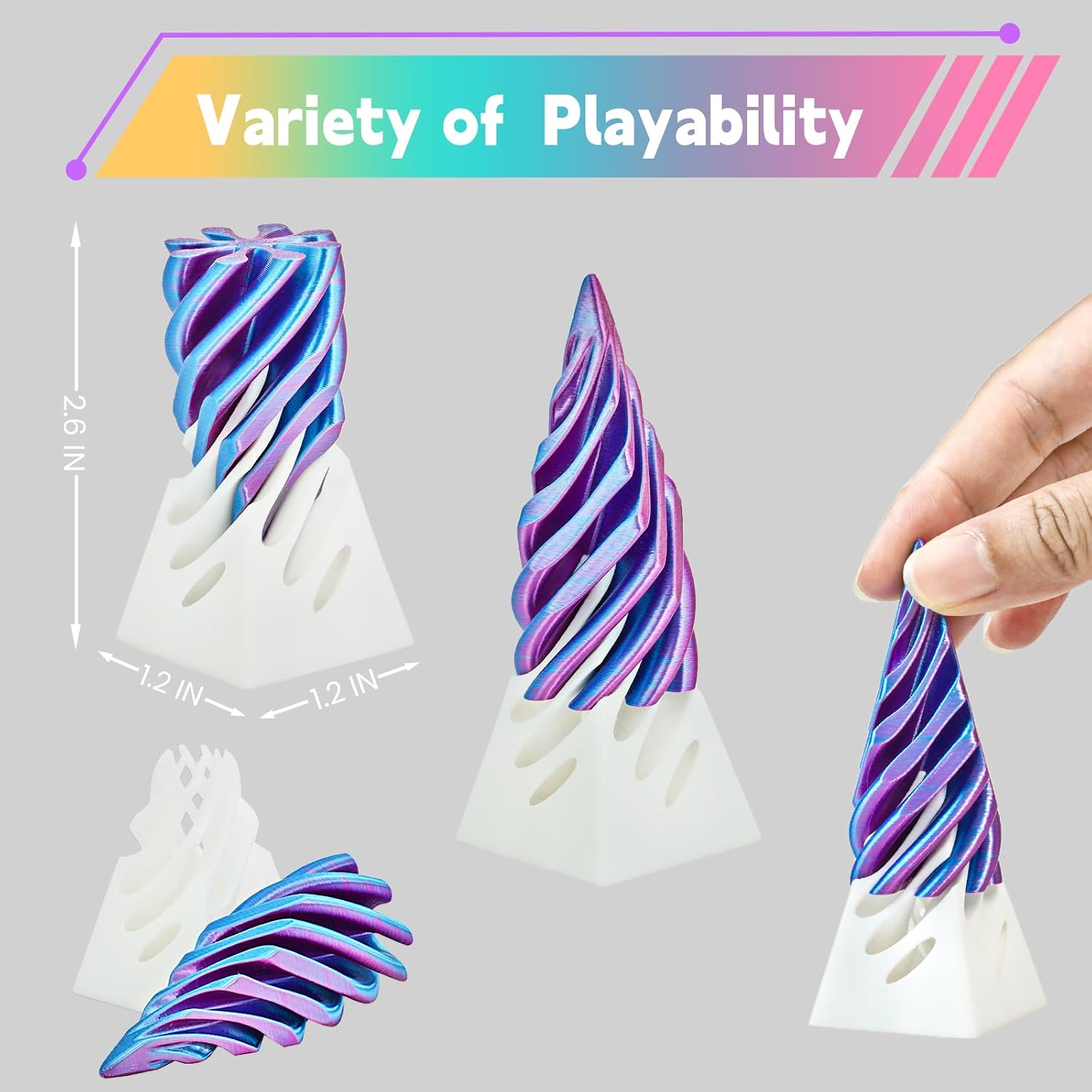 Detalle de Olee Odee Pyramid-03 3D-Printed Optical Illusion Fidget Set, PLA, White-Purple