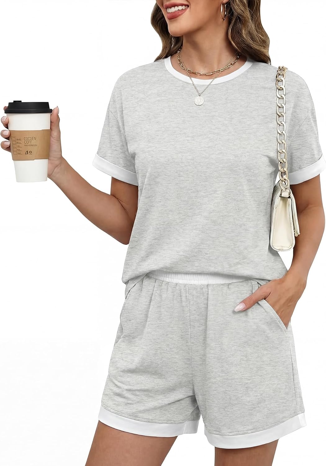 Detalle de Blingfit Women’s 2-Piece Lounge Set (Short Sleeve) with Soft Shorts and Pockets