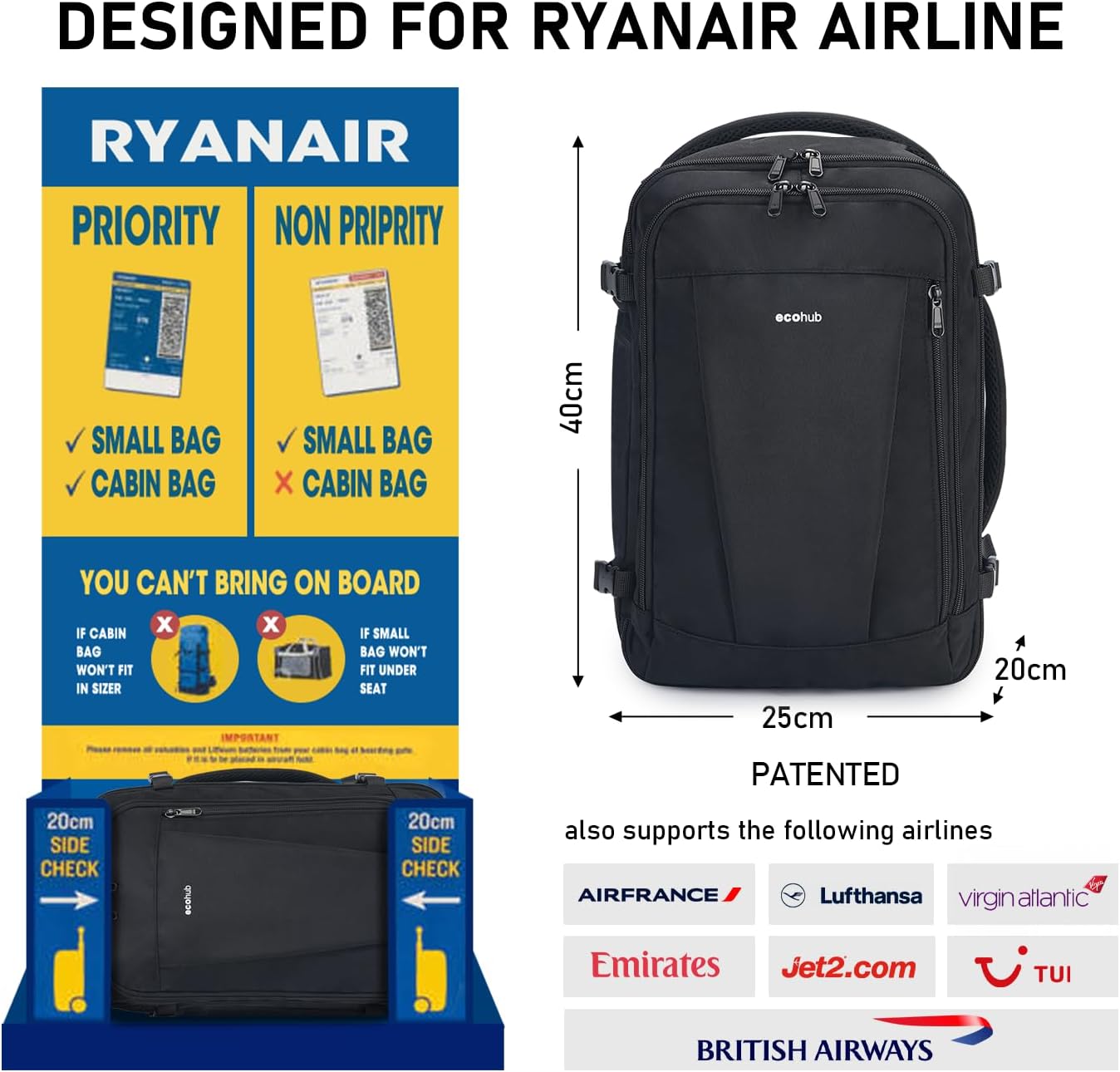 Thumbnail 2 de ECOHUB Ryanair cabin bag 40x20x25 underseat travel bag with 9 pockets and USB port, 20L (black)