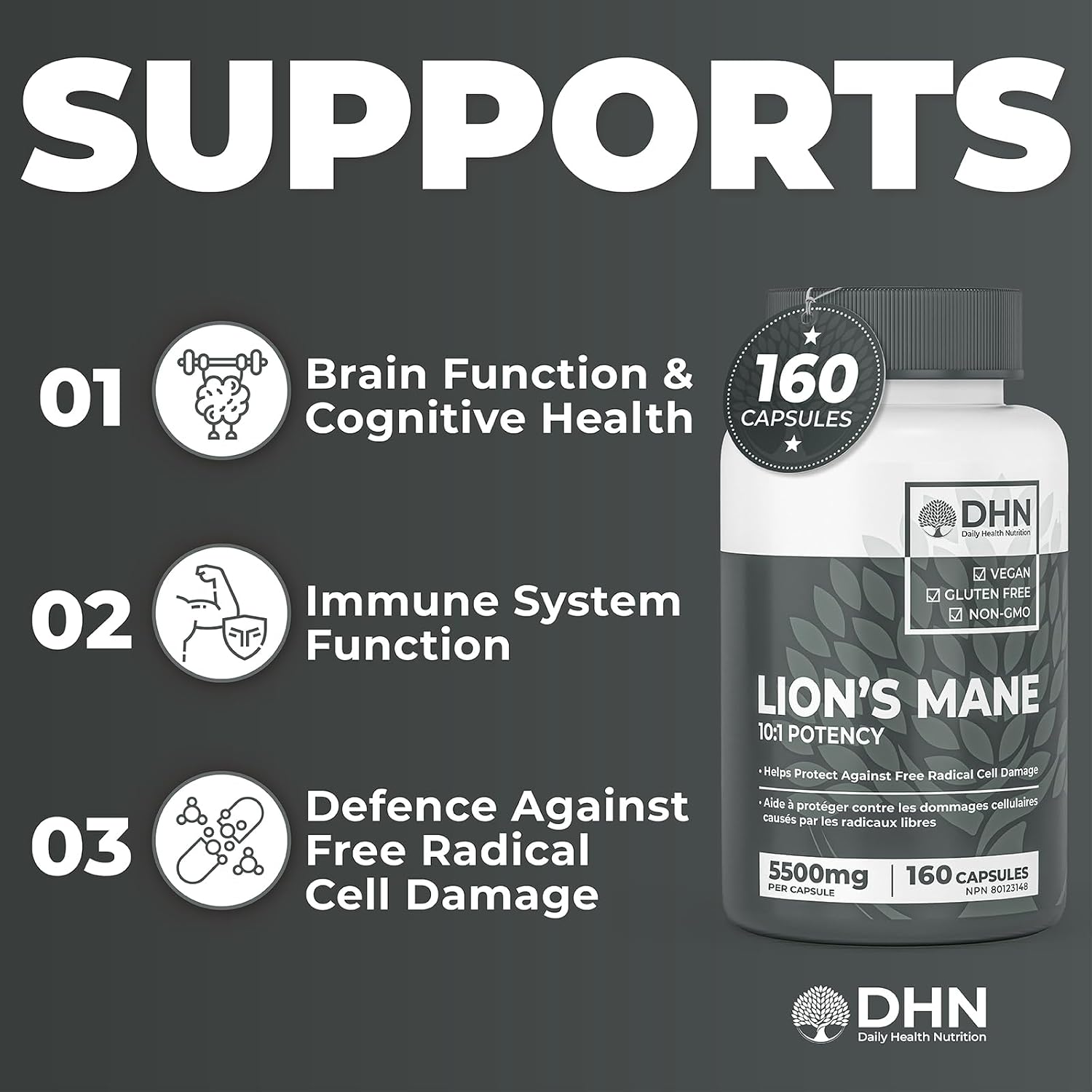 Detalle de DH Nutrition Lion's Mane Supplement, 320 Vegan Capsules of Fruiting Body Powder