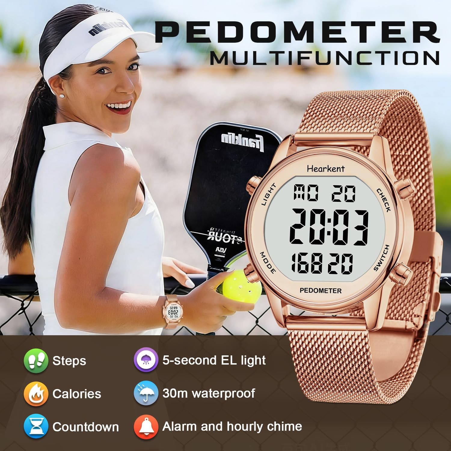 Detalle 2 de Hearkent Pedometer Watch for Women: Non-Bluetooth Fitness Tracker with 30m Waterproofing