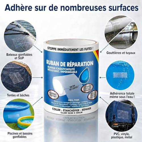 Detalle de ATG Kit réparation piscine sous l’eau – ruban étanche transparent 10×150 cm pour liner et surfaces lisses