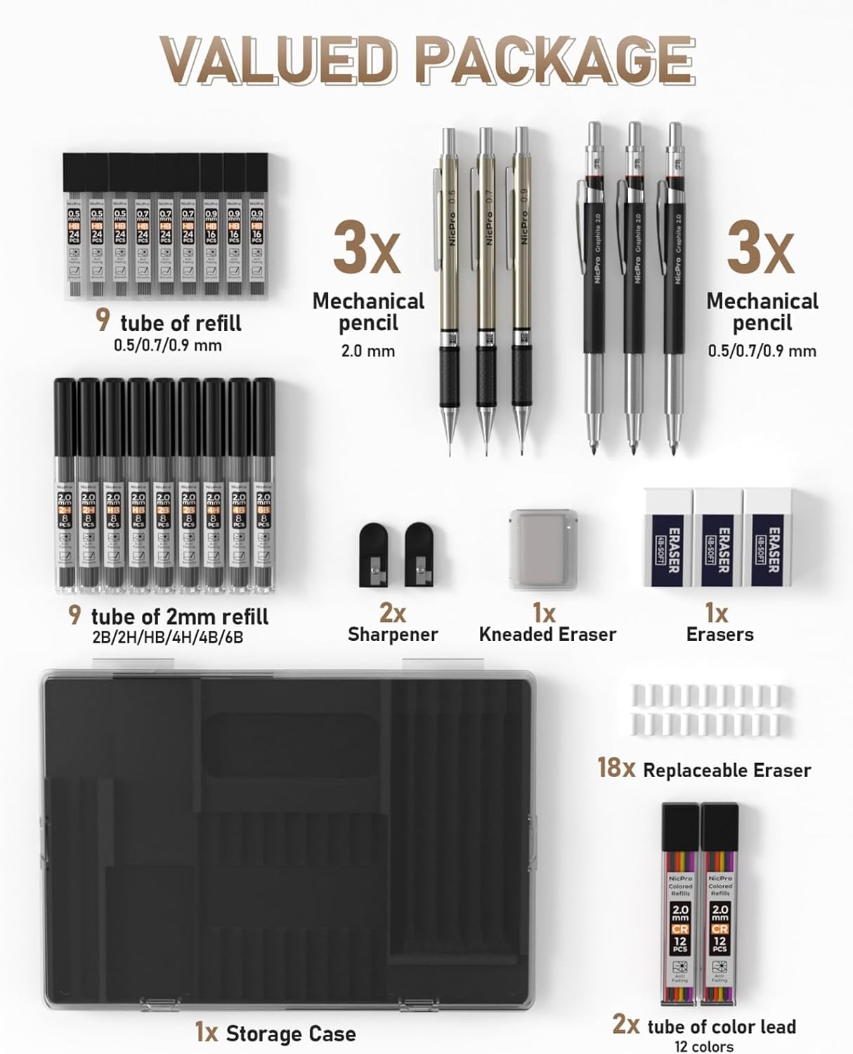 Detalle 2 de Nicpro 35PCS Mechanical Pencil Set with 0.5 / 0.7 / 0.9 / 2.0 mm leads and 2mm lead holder, plus refills case