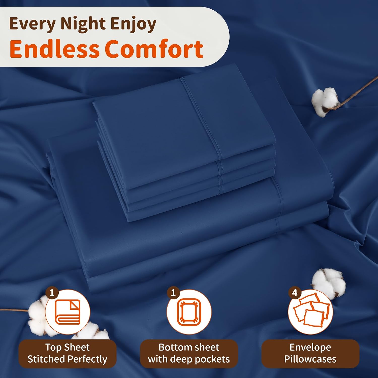 Thumbnail 4 de LBRO2M 1000 Thread Count Egyptian Cotton Sheets Set — California King Navy Blue (6-Piece)