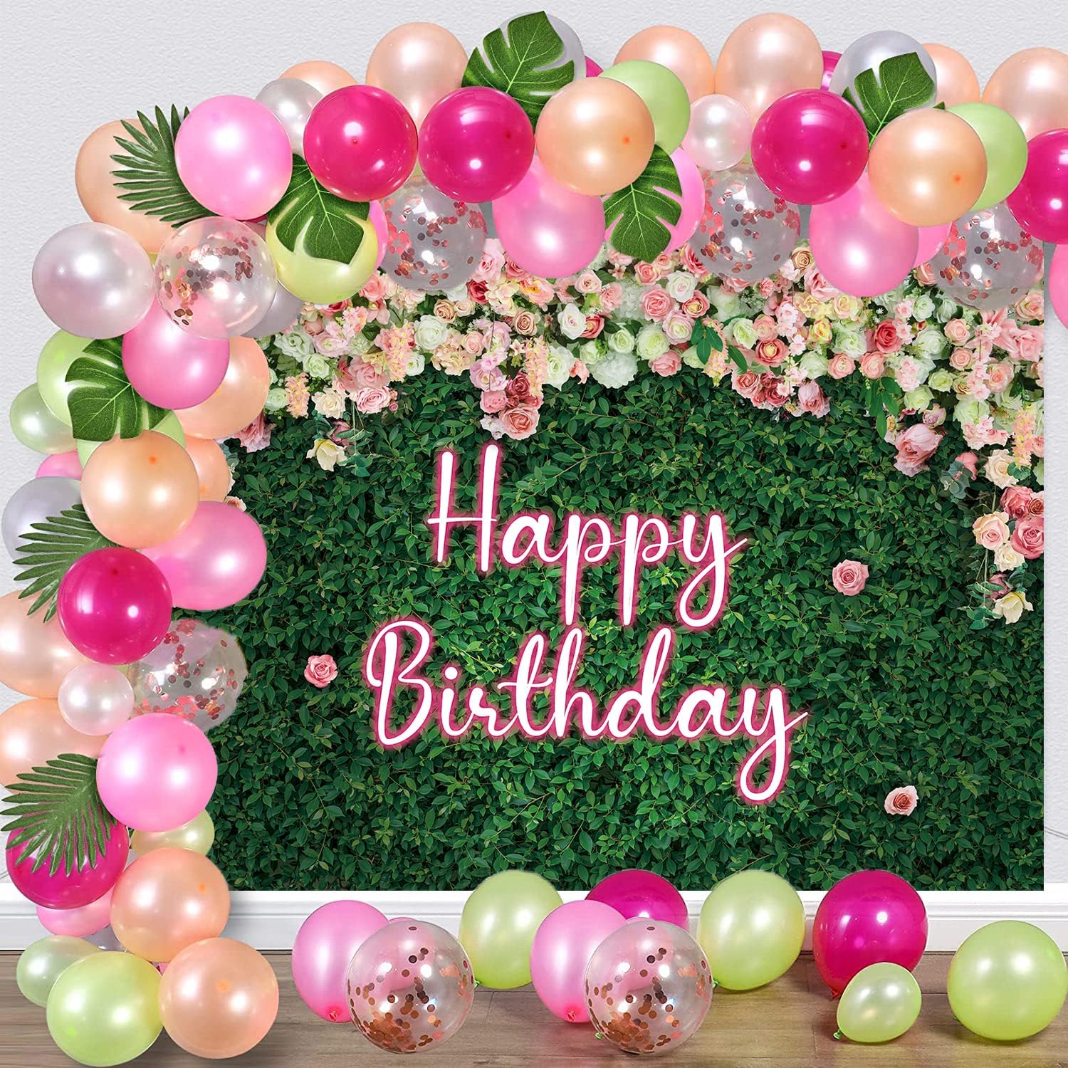 Thumbnail 2 de Green Leaves Happy Birthday neon pink rose backdrop (7x5ft) for photo & party table styling