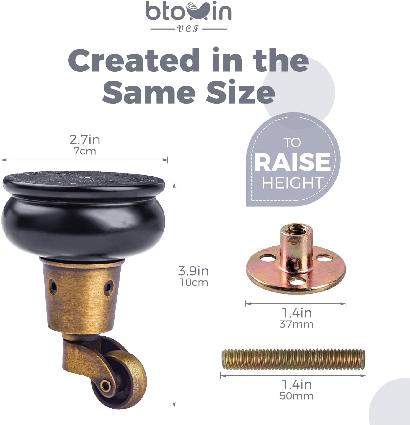 Detalle 2 de Btowin 4-inch Solid Wood Furniture Legs with Swivel Casters, M8 Bolts and Walnut Finish