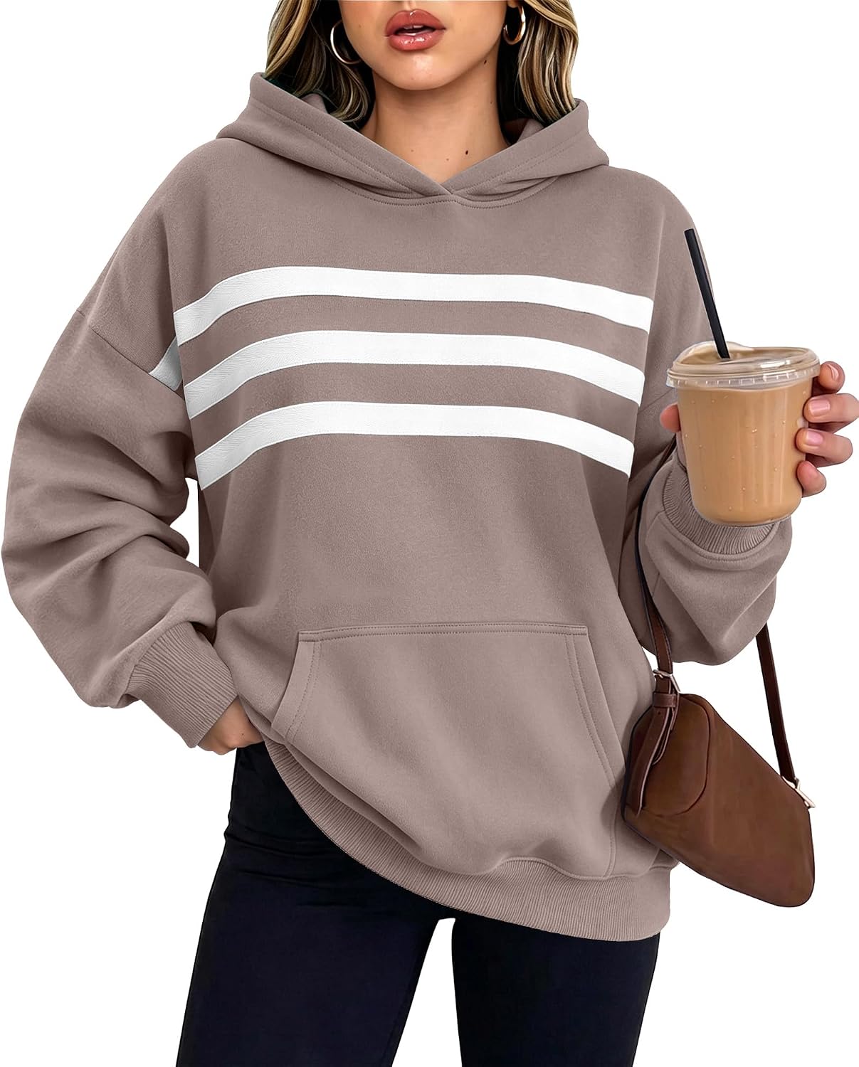 Detalle de onlypuff Women's Striped Oversized Fleece Hoodie Pullover