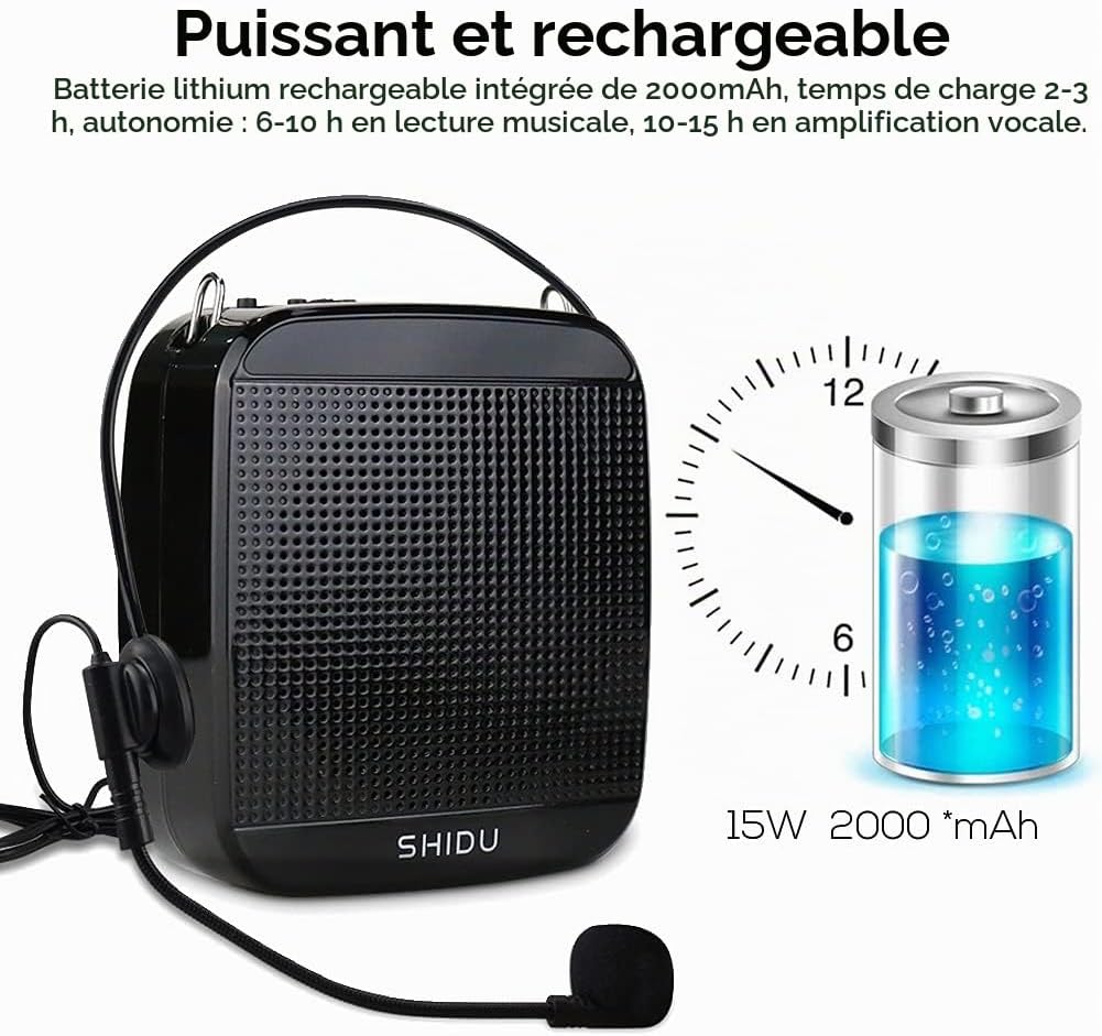 Detalle de SHIDU ES-SD05 draagbare spraakversterker met microfoon, 15 W en 2000 mAh