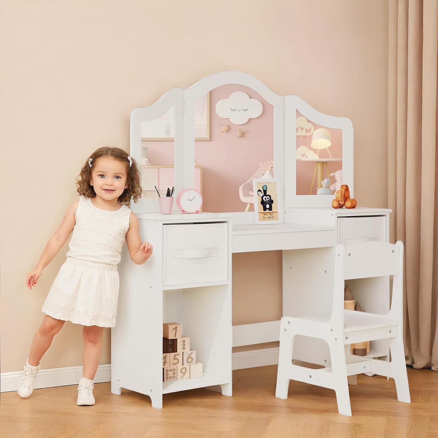 Thumbnail 6 de Clevich Kids Vanity Table and Chair Set: 2-in-1 Princess Vanity with Removable Mirror