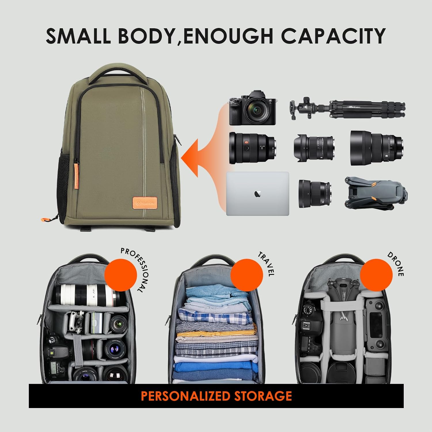Detalle de TARION 15L Waterproof Camera Backpack – 15.6" Laptop Compartment, Side Access & Tripod Holder
