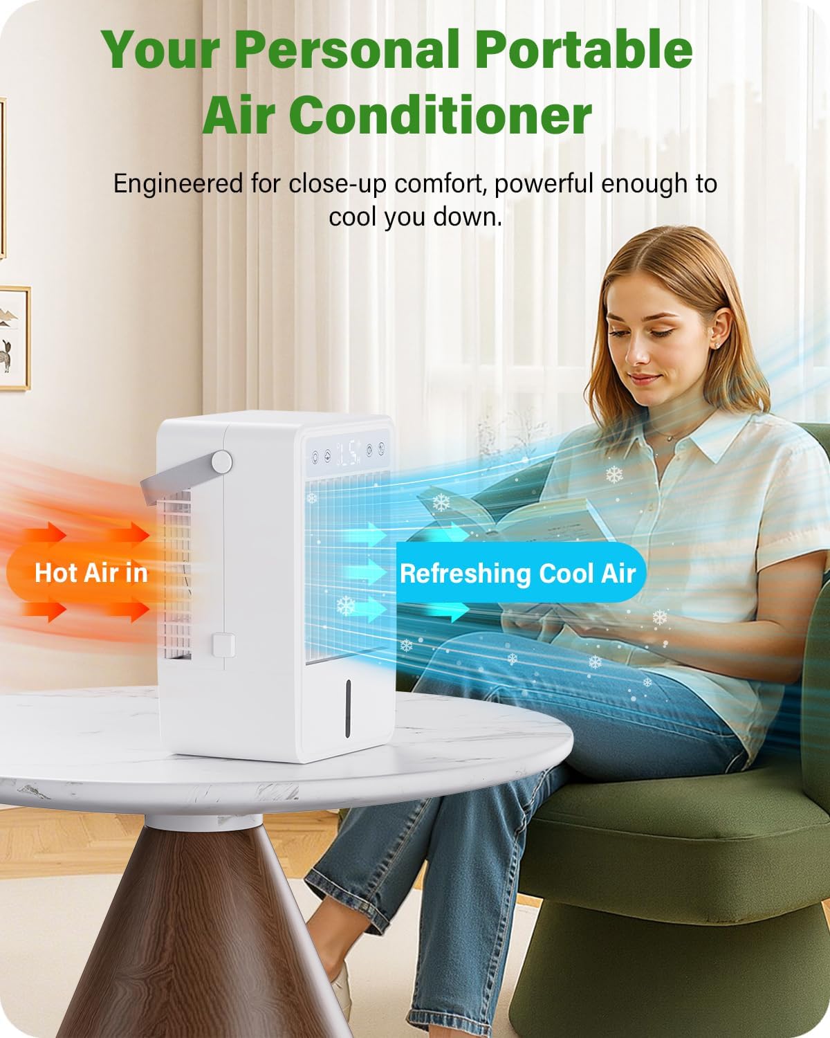Detalle de Portable Air Conditioner with Remote 1500ML – 4-in-1 Portable Cooler, Humidifier, Light and Fan