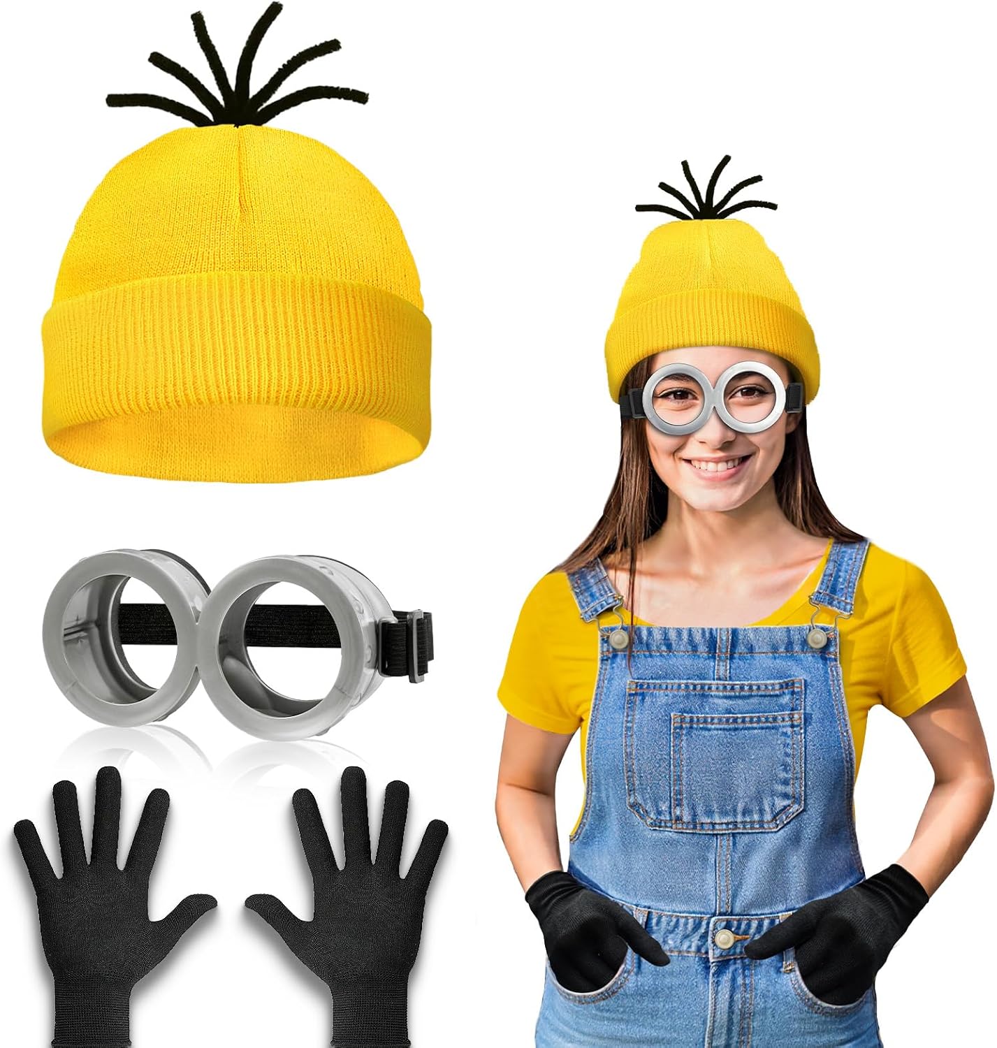 Detalle de WEARXI Karneval Kostüm Damen – Gelbes 3/4/6-teilige Outfit-Set mit Mütze, Brille, Handschuhen