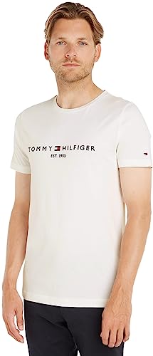 Detalle de Camiseta de Manga Corta para Hombre Core Tommy Logo Cuello Redondo — Blanco Snow White, Talla M