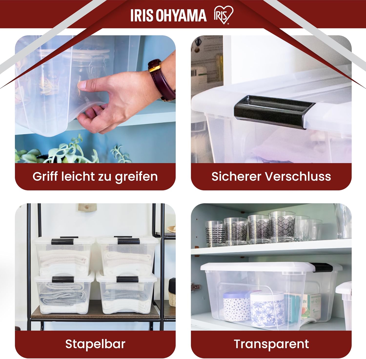 Detalle 2 de Iris Ohyama NTB-15 Aufbewahrungsboxen mit Deckel (15 l), transparentes 4er-Set