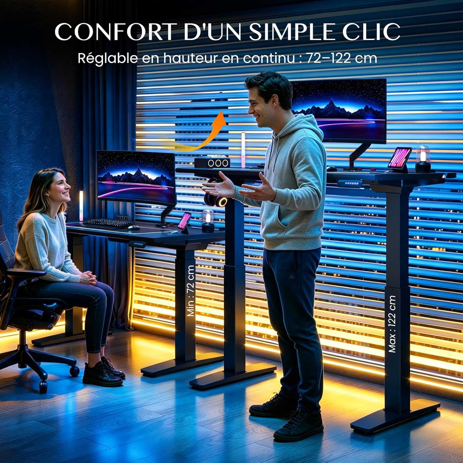 Thumbnail 5 de Flexispot Bureau Gaming Assis Debout Électrique 120×70 cm – Double Moteur, Plateau Multicouche et RGB