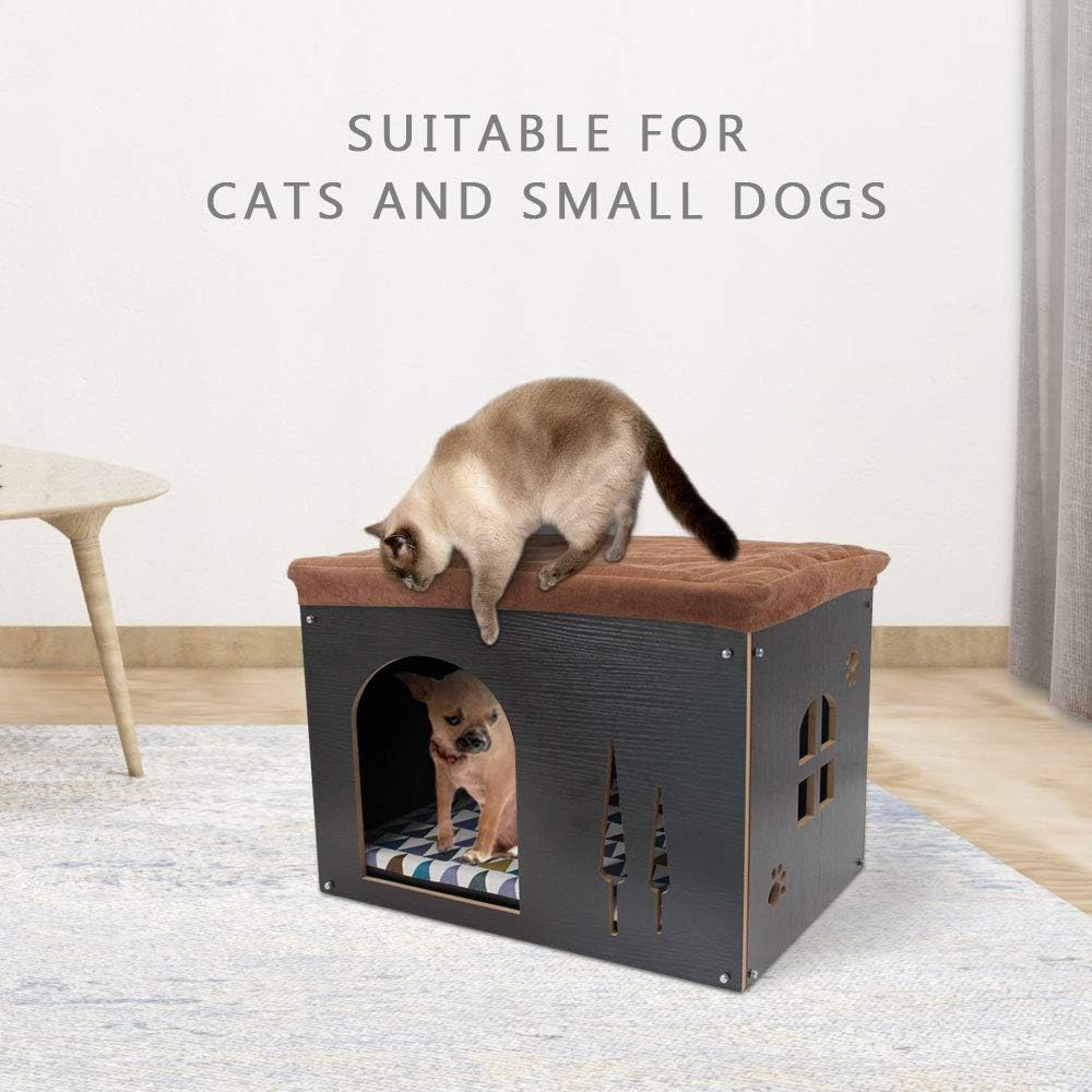 Thumbnail 6 de Cat Pet Bed House Footstool Style Cat Cave Puppy Kennel (Foldable) with Free Pet Cushion, Black XL