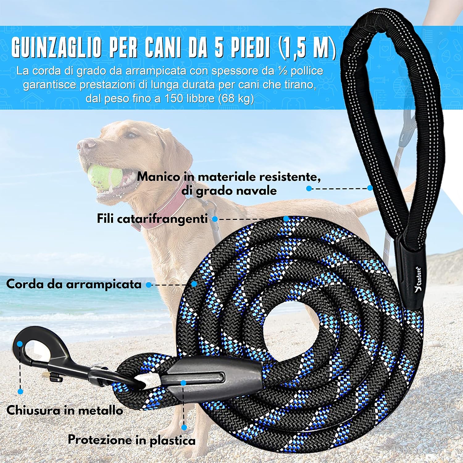 Detalle 2 de Candure Guinzaglio per Cani Elastico in Nylon Riflettente, 152 cm, imbottito e girevole, per tutte le taglie