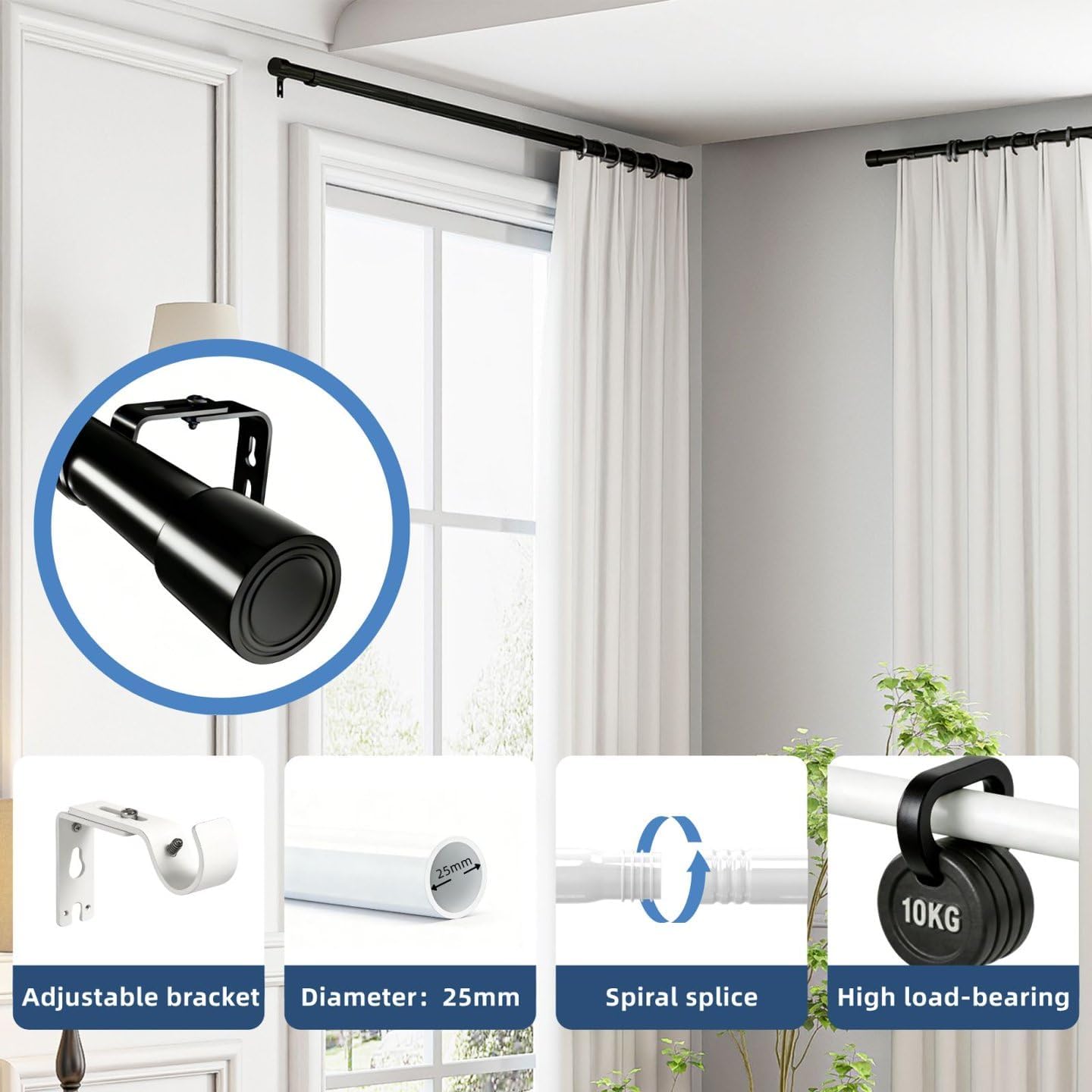 Detalle de Bastone Tenda per Interni con Staffe e Terminali Rotondi – 67–435 cm, verniciato in Nero, Bianco o Argento inox