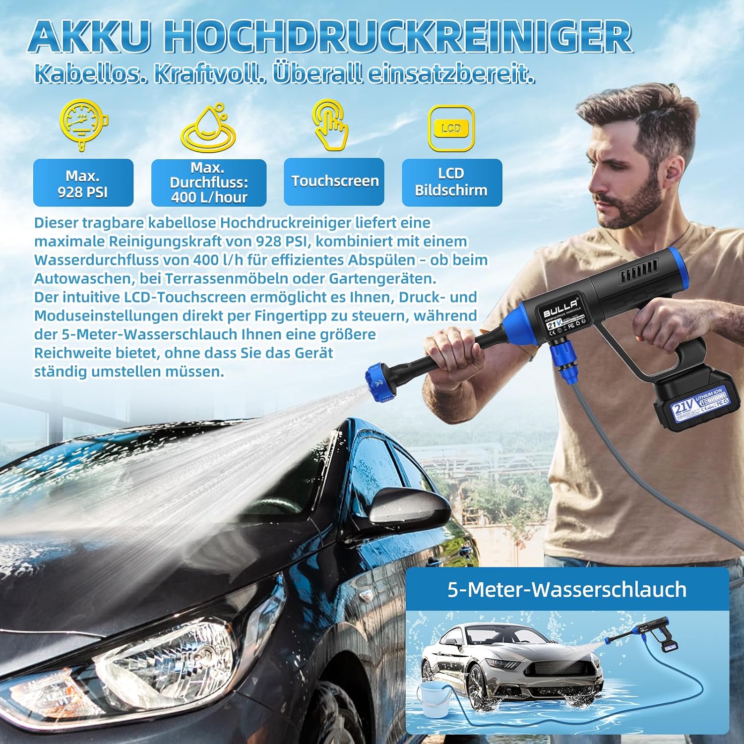 Detalle 2 de Akku Hochdruckreiniger Hydro Blast – kabellos, zweibatterig, 6-in-1 Düse