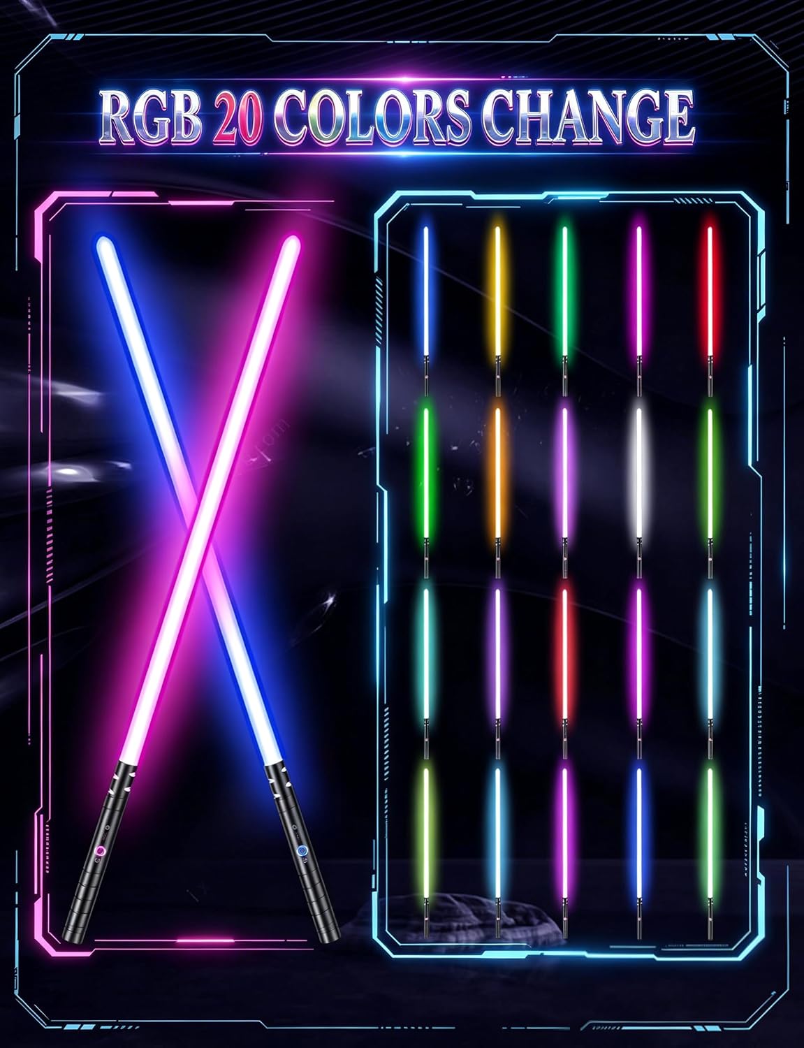 Detalle de jvmusaber Dueling Lightsaber for Kids & Adults with 20 RGB Colors, USB Rechargeable Metal Hilt