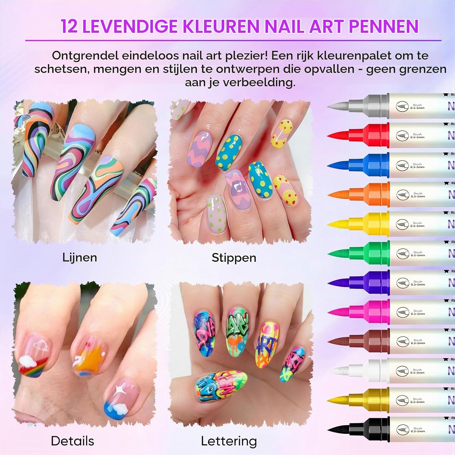 Detalle 1 de RAZET RA-MJB-04 nagelkunststiften, 12 kleuren, sneldrogend