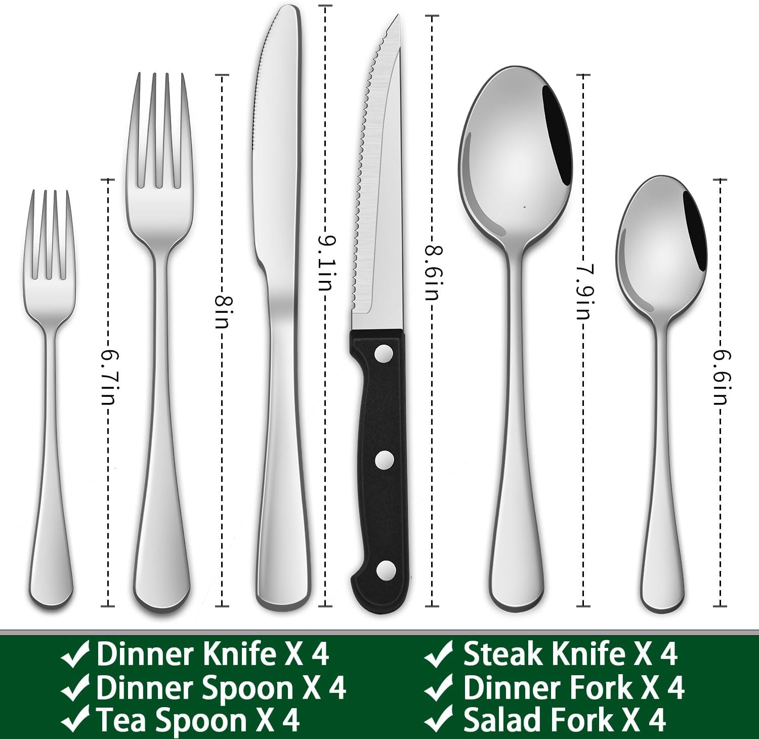 Detalle 2 de Dehov T1010 24-Piece Stainless Steel Flatware Set with Steak Knives