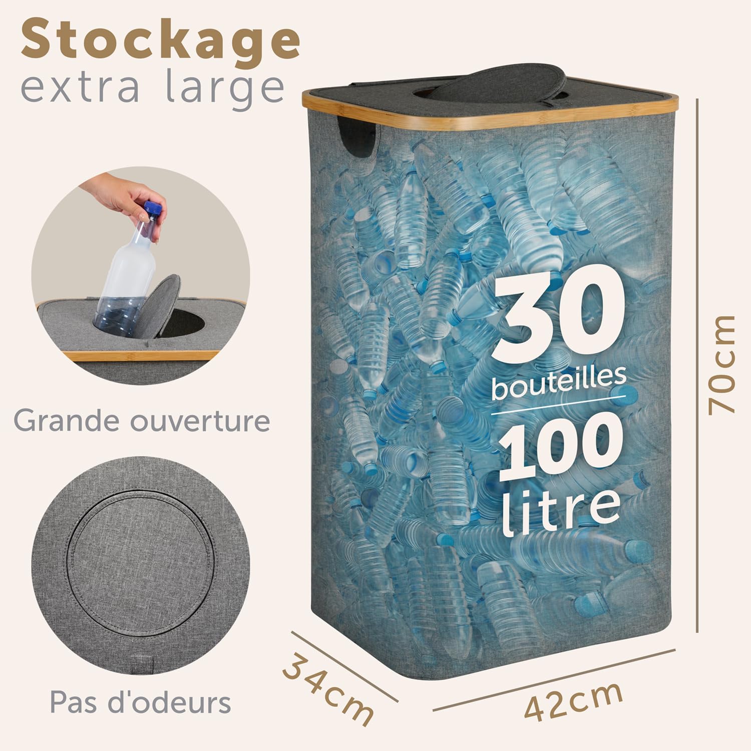 Detalle de Blumtal conteneur de consigne pour bouteilles 100L en bambou avec sac de transport et effet anti-odeur