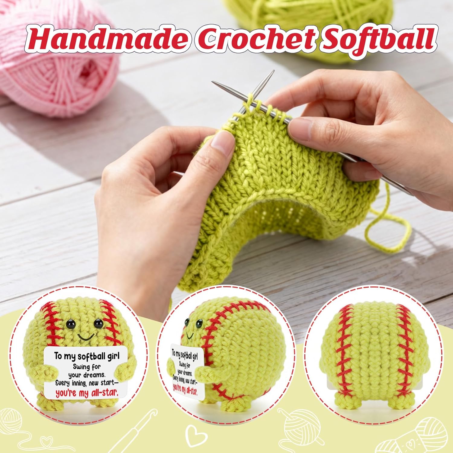 Thumbnail 2 de Weming Handmade Crochet Softball Plush Gift with All-Star Message Card (Mini Softball Decor)