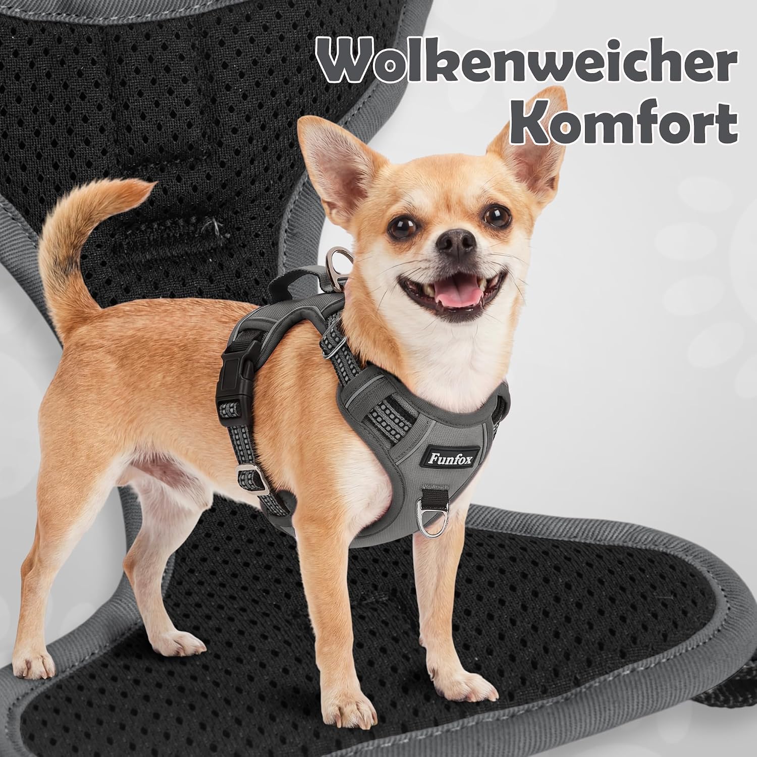 Thumbnail 6 de Funfox Hundegeschirr Mittelgroße Hunde – Anti-Zug, verstellbar, Reflektorstreifen, Grau, Größe L