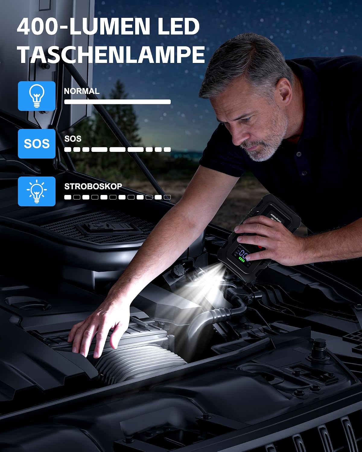 Detalle 2 de Povasee Starthilfe Powerbank für Pkw mit Kompressor – 6000A, 150 PSI, LED-Beleuchtung, USB-C