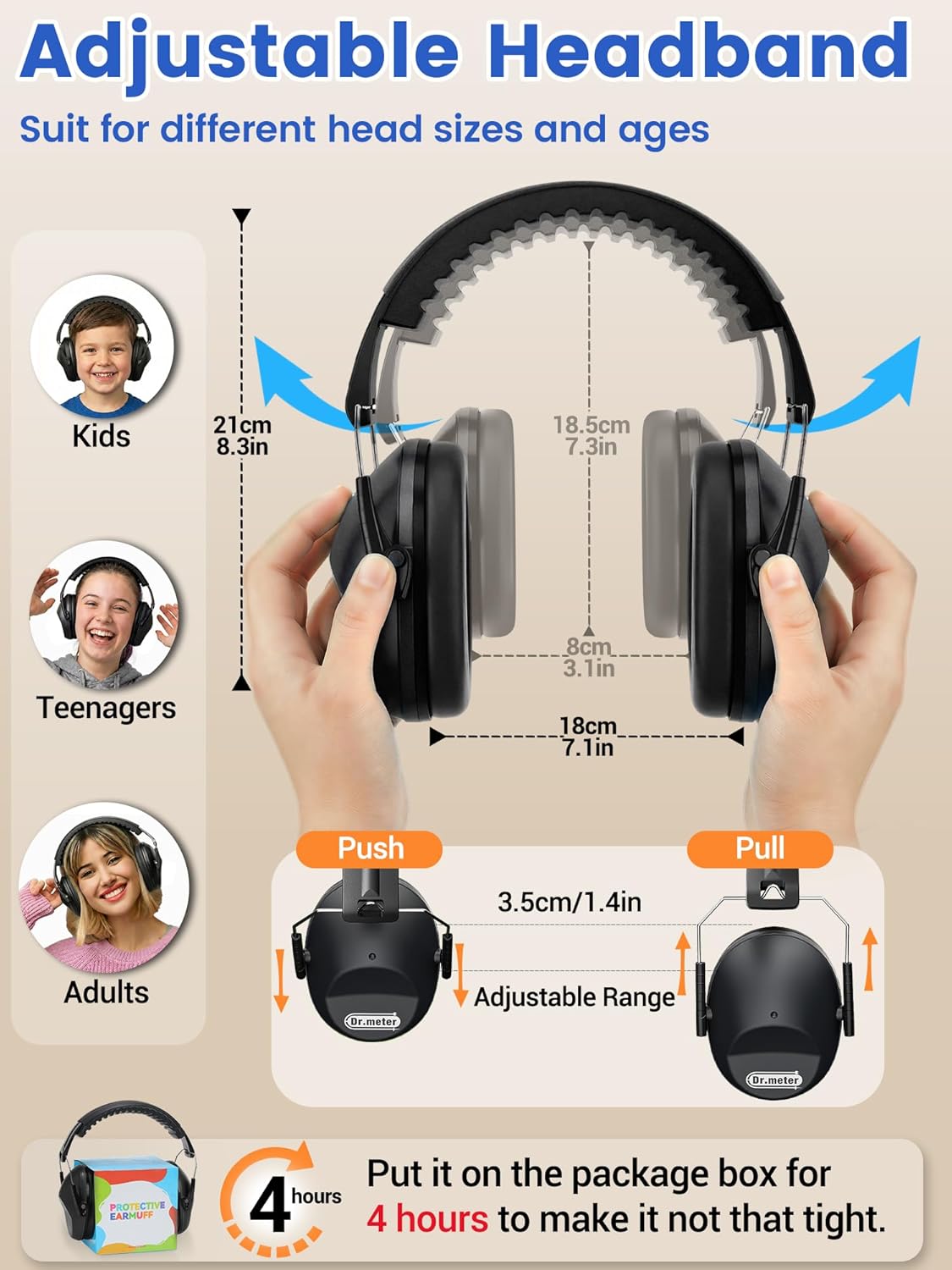 Detalle de Dr.meter Kids Ear Defenders (SNR 27.4dB) Noise Cancelling Headphones for Children – Adjustable, Foldable Black