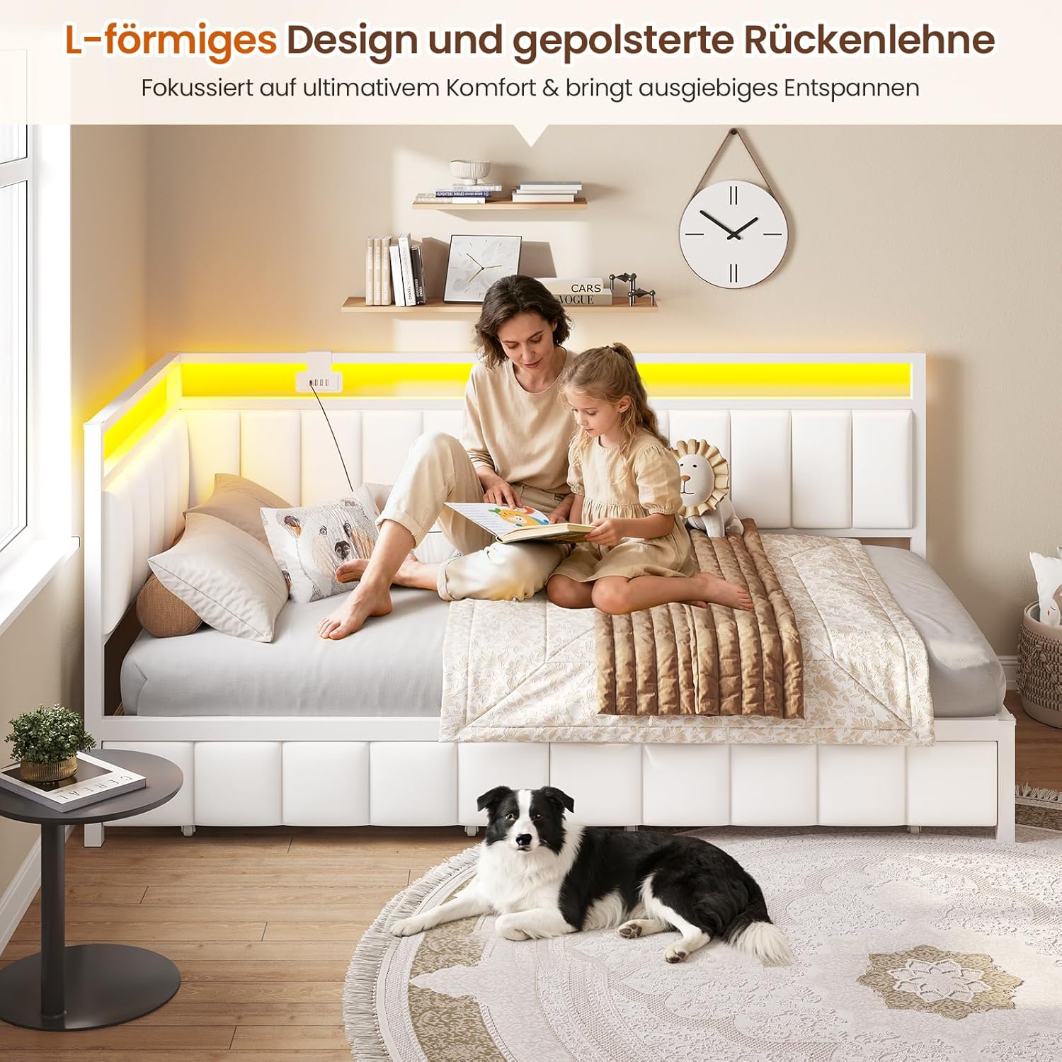 Detalle de DICTAC Jugendbett 90x200 mit LED-Beleuchtung und USB-Ladestation – Schlafsofa, Eckdesign aus Metall mit zwei Schubladen