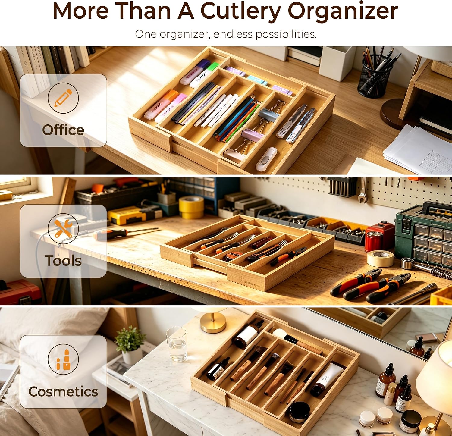 Thumbnail 6 de oridom Large 2-Piece Bamboo Silverware Organizer, Expandable 5–7 Compartments