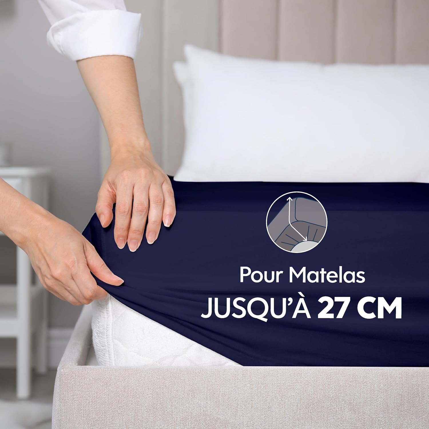 Thumbnail 2 de Dreamzie Drap housse 160x200 cm en jersey 100% coton premium, bleu foncé (matelas jusqu’à 27 cm)