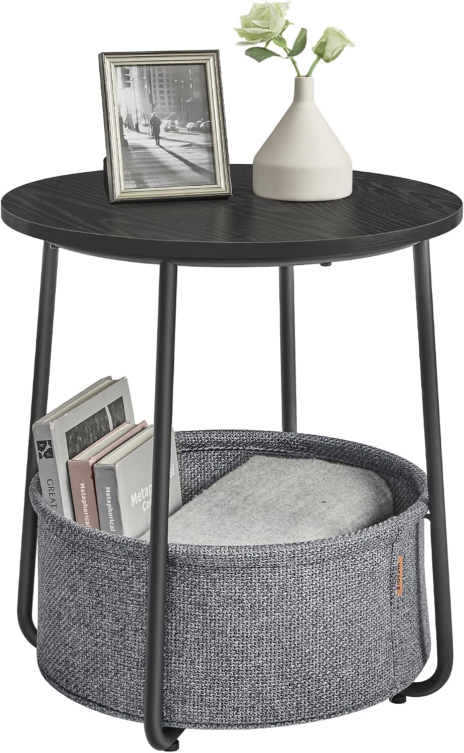 Detalle de VASAGLE LILEA LET223B01 Round Side Table with Fabric Basket, Ebony Black and Slate Grey