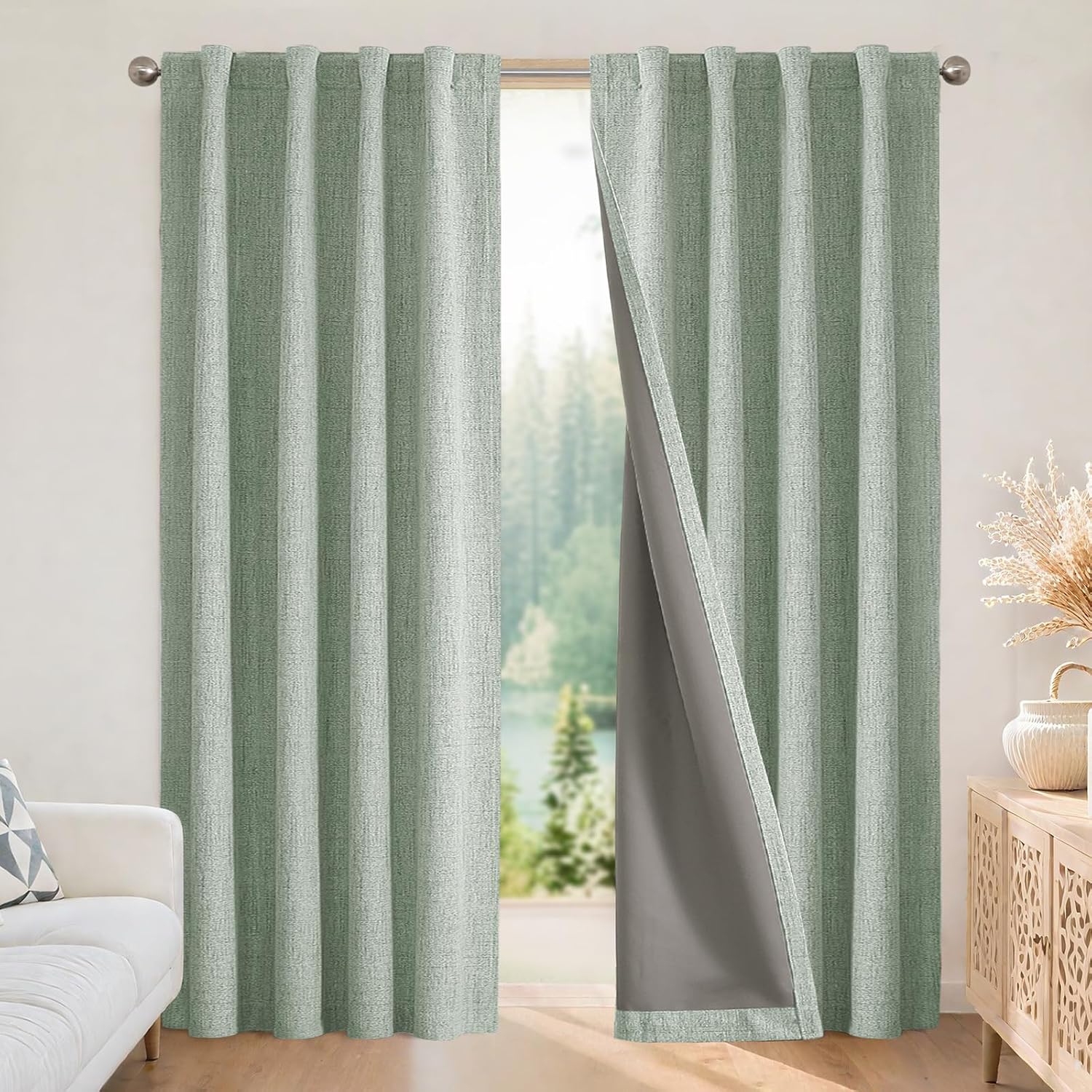 Detalle de Joydeco Rideau occultant 100% polyester imitation lin Vert Sauge 140x220 cm – 2 panneaux