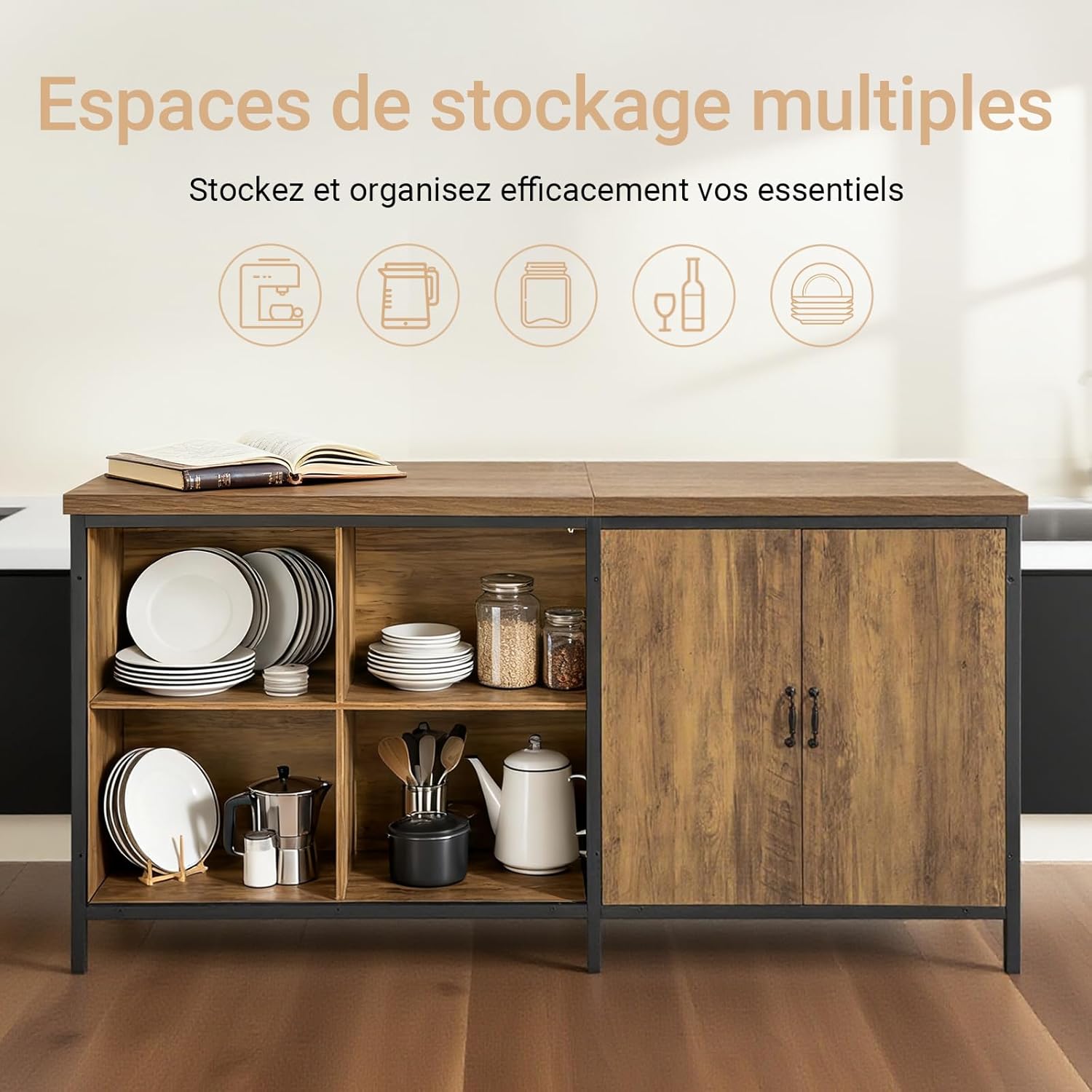 Detalle de SoBuy Îlot de Cuisine KNL01-F — Buffet avec plan de travail 170 cm et rangement polyvalent